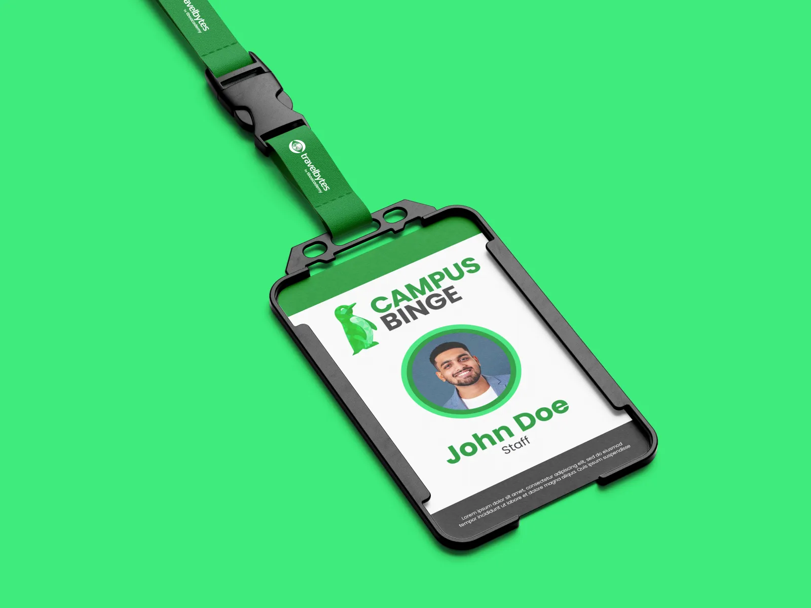 A Campus Binge ID card on a green lanyard