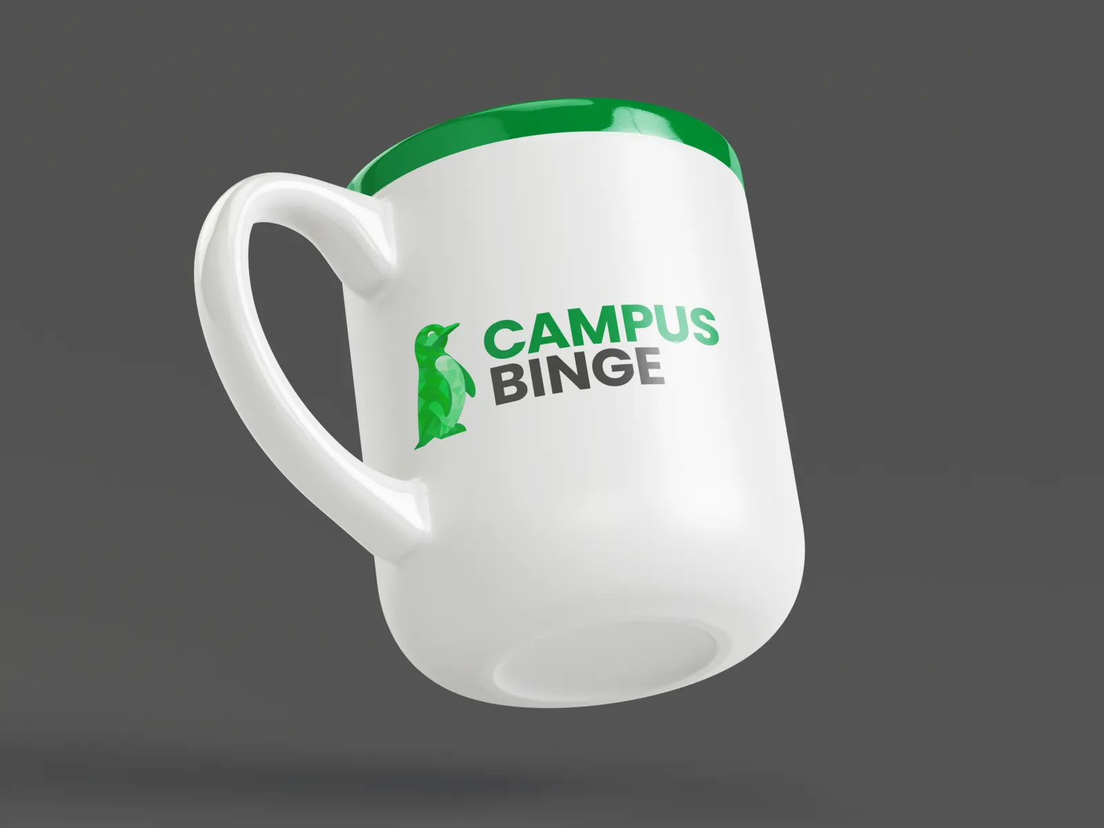 A white mug with the Campus Binge logo